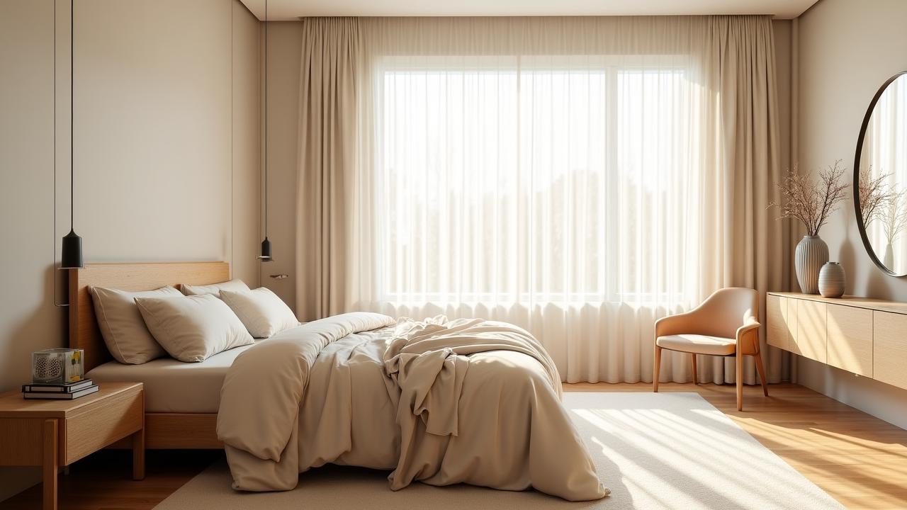 A minimal, sun-drenched bedroom with cream-toned linen bedding