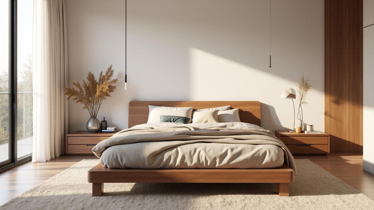 Sophisticated minimalist bedroom with layered taupe and oat bedding