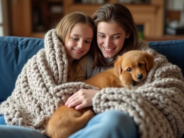 Family cuddling with throws on a sofa